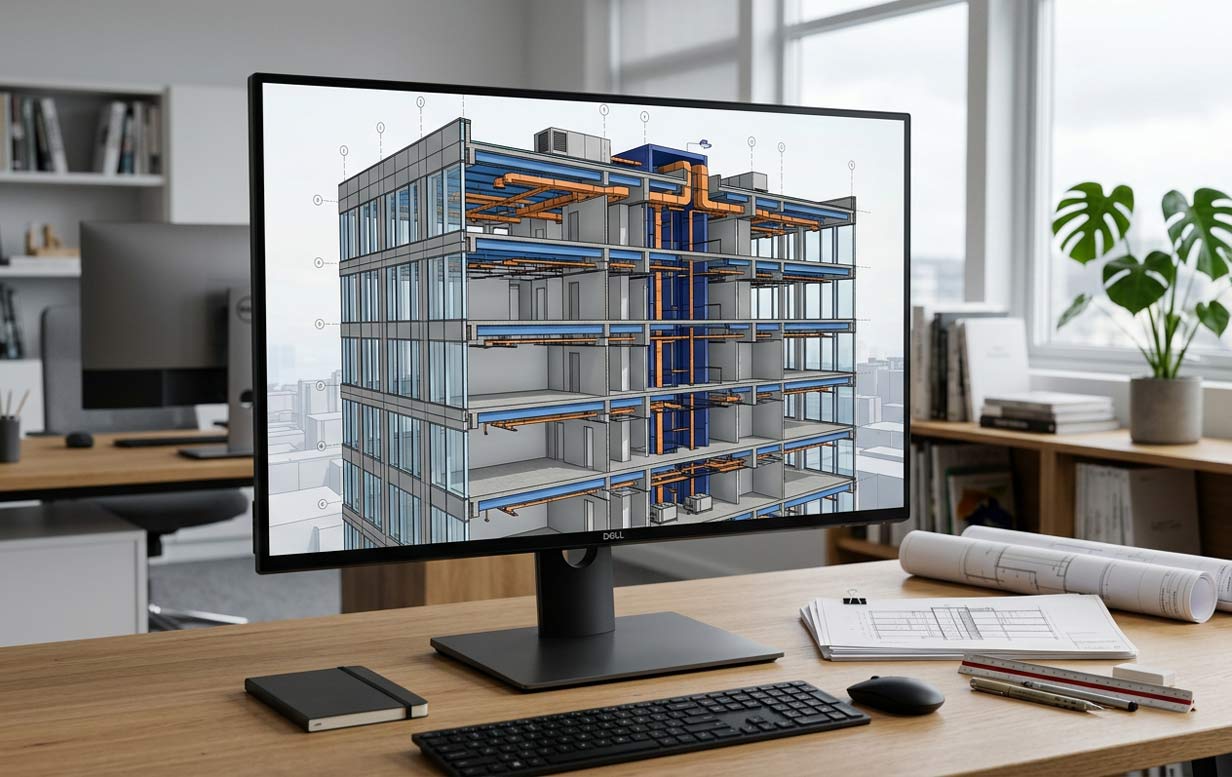 BIM-model van een gebouw in digitale bouwsoftware — clashdetectie en geïntegreerd ontwerp